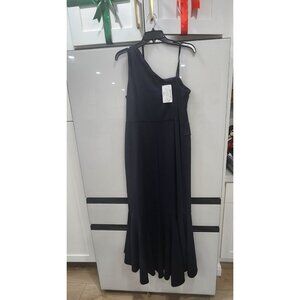 Adrianna Papell Studio Navy One-Shoulder Beaded Ruffle Gown Size 12 Formal Eveni